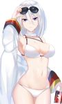  absurdres alternate_costume armpits azur_lane baggy_clothes bangs bikini blue_eyes breasts can chinese_commentary cleavage coat collarbone commentary_request cowboy_shot cross cross_earrings earrings eternity_(pixiv8012826) eyewear_on_head groin hair_between_eyes hand_on_eyewear highres holding holding_can jewelry large_breasts looking_at_viewer navel parted_lips scarf short_hair sidelocks silver_hair simple_background skindentation solo sparkle stomach sunglasses swimsuit thighs tirpitz_(azur_lane) wet white_background white_bikini white_coat white_scarf 