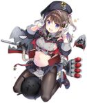  azur_lane black_hat black_legwear black_skirt blue_eyes blush breasts brown_hair bullet double_v explosive eyebrows_visible_through_hair full_body gloves hat iron_cross large_breasts mine_(weapon) naval_mine navel official_art open_mouth pantyhose sakura_koharu seiza short_hair sideboob sitting skirt smile solo transparent_background v white_gloves z35_(azur_lane) 