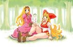  blonde_hair blue_eyes breasts cleavage crea_rosenqueen dress earrings green_eyes hairband hand_on_another's_knee hands_together hat jewelry juliet_sleeves kururu_(little_princess) kururu_(rhapsody) large_breasts little_princess long_hair long_sleeves looking_at_viewer marl_kingdom nature official_art open_mouth outdoors pink_dress puffy_sleeves puzzle_piece ryoji_(nomura_ryouji) sitting smile 