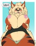  2018 anthro arcanine areola arnachy big_breasts blush breasts canine clothed clothing dialogue digital_media_(artwork) english_text fangs female green_eyes hi_res huge_breasts lactating looking_at_viewer mammal milk nintendo nipples open_mouth pok&eacute;mon pok&eacute;mon_(species) pok&eacute;morph simple_background solo talking_to_viewer text underwear video_games 