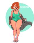  2017 absurd_res anthro beauty_mark big_breasts black_nose breasts canine cellphone cleavage clothed clothing disney dog ear_piercing eyebrows eyelashes female footwear goof_troop hair half-closed_eyes hi_res high_heels holding_object legs_together mammal phone piercing red_hair roxanne_(goof_troop) shoes smile solo standing swimsuit terryalec text thick_thighs translucent transparent_clothing two_tone_background 