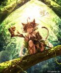  :3 ahoge animal_ears backlighting bangs bare_shoulders bell bell_choker black_choker black_legwear breasts cat_ears cat_girl cat_tail choker cleavage collarbone company_name cygames day detached_sleeves dress eyebrows_visible_through_hair facing_away fang forest from_below full_body glowing glowing_eyes gold_trim green_dress grey_hair hair_ornament hairband halterneck holding jingle_bell jumping lens_flare long_sleeves looking_at_viewer madogawa medium_hair moss multiple_girls nature official_art open_mouth outdoors plant puffy_sleeves red_dress shadowverse shama_(shadowverse) shamu_(shadowverse) single_thighhigh small_breasts smile squatting staff sunlight tail thighhighs tree two-handed v-shaped_eyebrows vines watermark yellow_eyes 
