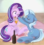  2018 alcohol beverage blue_hair blush bottle cup cutie_mark drunk duo equine eyebrows eyelashes eyes_closed female female/female feral floppy_ears friendship_is_magic glass hair hi_res holding_object hooves horn imminent_kiss jus+ice mammal multicolored_hair my_little_pony nude open_mouth purple_eyes purple_hair rug sitting starlight_glimmer_(mlp) tongue trixie_(mlp) two_tone_hair underhoof unicorn wide_eyed 
