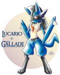  2016 3_toes alpha_channel ambiguous_gender anthro blue_body english_text fak&eacute;mon fur fusion gallade hi_res hybrid looking_at_viewer lucario nintendo pok&eacute;mon pok&eacute;mon_(species) pok&eacute;mon_fusion red_eyes seoxys6 simple_background solo spikes standing text toes transparent_background url video_games watermark yellow_fur 