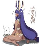  &lt;o&gt;_&lt;o&gt; animal_ears ass barefoot blush breasts commentary dark_skin earrings egyptian egyptian_clothes eyebrows_visible_through_hair facepaint facial_mark fate/grand_order fate_(series) feet hairband highres hoop_earrings isao jackal_ears jewelry long_hair looking_back low-tied_long_hair medjed nitocris_(fate/grand_order) open_mouth purple_eyes purple_hair sideboob sidelocks sitting soles translated twitter_username very_long_hair wariza 