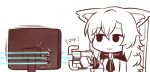  animal_ears chair chibi closed_mouth dead_space energy_gun eyebrows_visible_through_hair imaizumi_kagerou laser laser_rifle long_hair looking_away monitor plasma_cutter smile solo spot_color touhou upper_body weapon wolf_ears wool_(miwol) 