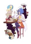  black_legwear blue_hair book brown_footwear chair creature glasses hairband jewelpet_(series) jewelpet_twinkle labcoat orange_skirt purimari red_eyes sapphie_(jewelpet) sara_(jewelpet_twinkle) school_uniform shirt shoes short_hair skirt table thighhighs vest white_shirt yellow_vest 