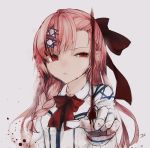  asymmetrical_bangs bangs blood blood_splatter blush bow braid collared_jacket commentary_request girls_frontline gloves grey_background hair_between_eyes hair_bow hair_ornament hair_ribbon hairclip half-closed_eye hexagram highres ki_lllorz korean_commentary long_hair looking_at_viewer neck_ribbon negev_(girls_frontline) one_side_up parted_lips pink_hair red_bow red_eyes red_neckwear ribbon side_braid signature simple_background smearing solo star_of_david upper_body white_gloves 