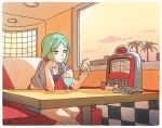  alternate_costume androgynous aqua_eyes aqua_hair booth cherry commentary_request contemporary couch diner drinking_straw food fruit green_eyes green_hair houseki_no_kuni indoors korean_commentary milkshake mydeerwitch phosphophyllite short_hair sitting solo table window 