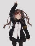  absurdres armband bangs black_gloves black_jacket black_ribbon black_scarf blush breasts brown_eyes brown_hair commentary_request cowboy_shot eyebrows_visible_through_hair fingerless_gloves floating_hair girls_frontline gloves grey_background hair_ornament hairclip highres hood hood_down hooded_jacket jacket ki_lllorz korean_commentary long_hair looking_at_viewer medium_breasts midriff_peek neck_ribbon pantyhose parted_lips pleated_skirt ribbon scar scar_across_eye scarf shirt signature simple_background skirt smile solo thigh_strap twintails ump9_(girls_frontline) untucked_shirt waving weapon white_shirt 