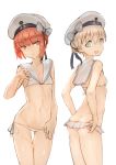  adjusting_clothes adjusting_swimsuit aqua_eyes ass ass_visible_through_thighs bangs bikini bikini_skirt blonde_hair bow brown_eyes brown_hair butt_crack character_name commentary_request contrapposto cowboy_shot eyebrows_visible_through_hair flat_chest groin hat hat_bow head_tilt kantai_collection looking_at_viewer looking_back lowleg lowleg_bikini multiple_girls navel open_mouth round_teeth sailor_bikini sailor_collar sailor_hat short_hair side-tie_bikini simple_background smiley_face standing striped striped_bow swimsuit teeth totteri wet white_background white_bikini white_hat z1_leberecht_maass_(kantai_collection) z3_max_schultz_(kantai_collection) 