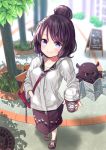  blush brown_hair coconat_summer coffee_cup commentary_request cup disposable_cup fate/grand_order fate_(series) flower hair_bun hair_flower hair_ornament hairpin hand_in_pocket highres holding katsushika_hokusai_(fate/grand_order) long_sleeves looking_at_viewer octopus outdoors purple_eyes smile tokitarou_(fate/grand_order) 
