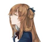  bangs blazer blue_jacket blue_ribbon breasts brown_hair eyebrows_visible_through_hair girls_frontline green_eyes hair_between_eyes hair_over_shoulder hair_ribbon hair_rings half-closed_eyes highres jacket ki_lllorz long_hair looking_afar m1903_springfield_(girls_frontline) parted_lips ponytail profile ribbon shirt sidelocks simple_background solo upper_body white_background white_shirt 