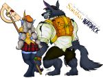  2018 angry anthro big_breasts blue_skin bluewolfavenger breasts canine claws clothing digital_media_(artwork) dog duo fangs female green_eyes hair hat hi_res hooves horn humanoid kneeling larger_male league_of_legends long_hair male male/female mammal monster nerd piercing riot_games satyr school school_uniform shirt sitting size_difference smaller_female soraka student text uniform video_games warwick were werewolf wolf yellow_eyes 