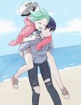  alternate_costume androgynous aqua_hair bangs beach blue_eyes blue_hair blue_sky blunt_bangs carrying closed_eyes commentary_request contemporary dark_blue_hair dual_persona green_hair happy hat highres hood hoodie houseki_no_kuni hug hug_from_behind korean_commentary multiple_others mydeerwitch ocean one_eye_closed open_mouth phosphophyllite phosphophyllite_(ll) piggyback ripped_jeans shoes short_hair shorts sky smile sneakers spoilers 