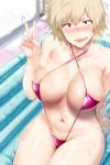  1girl air_mattress arm_support bakugou_mitsuki bangs bare_shoulders bikini blonde_hair blush boku_no_hero_academia breasts cleavage collarbone criss-cross_halter embarrassed eyebrows_visible_through_hair groin hair_between_eyes halterneck hews_hack highres jewelry large_breasts mature micro_bikini navel open_mouth pink_swimsuit pubic_stubble red_eyes ring short_hair sitting skindentation slingshot_swimsuit smile soapland solo spiked_hair strap_gap sweat swimsuit trembling v wedding_band 