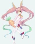  2018 anthro blue_eyes blue_hair blush boots brown_fur carrot clothed clothing female food footwear fur green_hair hair headband hi_res lagomorph legwear long_hair looking_at_viewer mammal multicolored_hair pastelletta pigtails pink_hair pink_nose rabbit shirt simple_background skirt solo sweater thigh_high_boots vegetable white_background white_fur 