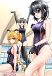  3girls :d \o/ animal_ears arms_up ass black_eyes black_gloves black_hair black_legwear black_swimsuit brown_eyes competition_swimsuit cowboy_shot elbow_gloves gloves indoors jaguar_(kemono_friends) jaguar_ears jaguar_tail kaban_(kemono_friends) kemono_friends kuroba_dam looking_at_viewer multiple_girls one-piece_swimsuit open_mouth otter_ears otter_tail outstretched_arms ponytail pool school_swimsuit short_hair sitting small-clawed_otter_(kemono_friends) smile standing swimsuit tail twitter_username wavy_hair 