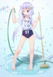  barefoot blue_eyes broom crescent crescent_hair_ornament full_body hair_ornament highres hose kantai_collection name_tag new_school_swimsuit one_eye_closed purple_hair school_swimsuit see-through shiira_kan shirt short_hair short_hair_with_long_locks solo standing standing_on_liquid swimsuit swimsuit_under_clothes water wet wet_clothes wet_shirt wet_t-shirt yayoi_(kantai_collection) 