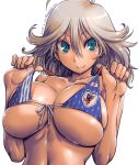  2018_fifa_world_cup ahoge alisa_ilinichina_amiella amania_orz aqua_eyes bikini bikini_pull blue_bikini blush breasts cleavage collarbone commentary_request dated eyebrows_visible_through_hair flag_print front-tie_bikini front-tie_top god_eater hair_between_eyes hands_up japan japanese_flag large_breasts long_hair looking_at_viewer navel shiny short_hair silver_hair simple_background smile soccer solo swimsuit tan white_background world_cup 