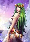  1girl 2018 big_breasts breasts cleavage clothed clothing eyelashes female gold green_eyes green_hair hair hair_ornament highres kid_icarus large_breasts lips lipstick long_hair looking_at_viewer luminyu makeup nintendo palutena patreon patreon_reward pink_lipstick pinup side_view sideboob smile solo solo_female solo_focus standing super_smash_bros. thick_thighs thighs 