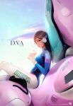  black_cat bodysuit breasts brown_hair cat cloud cup d.va_(overwatch) drinking_straw gloves grey_eyes ground_vehicle holding holding_cup long_hair looking_at_viewer mecha military military_vehicle motor_vehicle overwatch ross_tran sideboob sitting skin_tight sky smile tank 