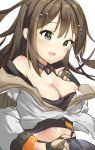  bangs bare_shoulders blush breasts brown_eyes brown_hair cleavage crop_top eyebrows_visible_through_hair fingerless_gloves flustered girls_frontline gloves hair_between_eyes hand_on_own_chest highres jacket k-2_(girls_frontline) long_hair medium_breasts midriff navel off_shoulder open_mouth partly_fingerless_gloves pointer side_ponytail sidelocks skirt solo sweatdrop tears transparent_background xiao_dingdang_nayo 