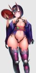  absurdres ass_visible_through_thighs bangs black_hair blurry blush bob_cut boruhis breasts closed_mouth contrapposto cowboy_shot eyebrows_visible_through_hair eyeshadow fate_(series) from_below hair_between_eyes head_tilt headpiece highres holding horns japanese_clothes kimono leg_armor looking_at_viewer makeup navel obi obijime oni oni_horns open_clothes open_kimono purple_eyes purple_hair purple_kimono revealing_clothes sash short_eyebrows short_hair shuten_douji_(fate/grand_order) simple_background small_breasts solo standing 