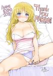  bare_shoulders blonde_hair blouse blue_eyes blush breasts cameltoe character_request collarbone commentary english_commentary eyebrows_visible_through_hair fakku highres ishikei large_breasts lying on_back on_bed panties pink_blouse signature simple_background smile thighs underwear white_background 