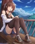  bangs bare_shoulders black_legwear brown_hair cloud day drinking drinking_straw eyebrows_visible_through_hair hair_ribbon highres juice_box knees_together_feet_apart long_hair original outdoors ponytail ribbon sandals short_shorts shorts sidelocks sitting sky solo thighhighs wedge_heels yellow_eyes yewang19 