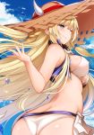  alternate_costume ascot ass azur_lane bangs bikini blonde_hair blue_eyes blue_sky blush braid breasts cloud commentary covered_nipples cropped_jacket day eyebrows_visible_through_hair floating_hair from_behind half-closed_eye hand_up hat highres horns kongou_(azur_lane) large_breasts long_hair looking_at_viewer one_eye_closed outdoors side_braid sidelocks sky sleeveless_jacket smile solo sun_hat swimsuit thighs tobimura tsurime twisted_torso water_drop white_bikini wind 