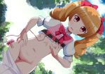  aisaki_emiru blush bow brown_hair dutch_angle exhibitionism flat_chest hair_bow hugtto!_precure inverted_nipples long_hair looking_at_viewer naruse_mai nipples precure red_eyes shirt_lift solo sweat twintails vibrator 