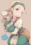  ;) arm_under_breasts bead_necklace beads blonde_hair breast_hold breasts closed_mouth dragon_quest dragon_quest_xi dress earrings green_hairband hair_lift hair_slicked_back hairband heart ibukichi jewelry juliet_sleeves long_hair long_sleeves looking_at_viewer medium_breasts motion_lines necklace one_eye_closed puffy_sleeves purple_eyes senya_(dq11) slime_(dragon_quest) smile solo straight_hair 