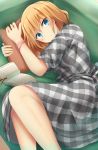  alice_margatroid alternate_costume bad_id bad_pixiv_id bangs blonde_hair blue_eyes blush book bookmark bracelet casual checkered checkered_dress contemporary couch dress expressionless eyebrows_visible_through_hair feet_out_of_frame gingham gingham_dress hair_between_eyes highres jewelry looking_at_viewer lying on_side open_book pillow pillow_hug short_hair solo touhou unmoving_pattern yuki_(snowmaiden) 