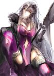  ahoge armor armored_collar black_cape breasts cape cleavage closed_mouth commentary dress eyebrows_visible_through_hair fate/grand_order fate_(series) feather_trim flag fur_trim garter_straps gauntlets head_tilt headpiece highres jacket_on_shoulders jeanne_d'arc_(alter)_(fate) jeanne_d'arc_(fate)_(all) large_breasts leg_armor leg_up navel navel_cutout otsunabe_(naabe_delta) purple_dress silver_hair sitting thighhighs thighs yellow_eyes 