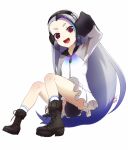  :d ass between_legs black_footwear blue_hair boots cross-laced_footwear full_body giant_penguin_(kemono_friends) grey_hair hand_between_legs headphones highres jacket kemono_friends lace-up_boots long_hair looking_at_viewer no_panties open_mouth penguin_girl penguin_tail purple_eyes shimomoto short_eyebrows simple_background sitting skirt sleeves_past_wrists smile socks solo tail thick_eyebrows very_long_hair white_background 