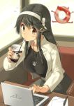  absurdres anchor_necklace bag black_hair black_shirt blush booth breasts brown_eyes collarbone commentary_request computer contemporary day drinking drinking_straw enemy_lifebuoy_(kantai_collection) eyebrows_visible_through_hair flying_sweatdrops grey_skirt hair_between_eyes hairband handbag haruna_(kantai_collection) highres ice ice_cube indoors jacket kantai_collection laptop long_hair long_sleeves looking_down medium_breasts open_clothes open_jacket paper pen shinkaisei-kan shirt sidelocks sitting skirt solo soushou_nin table thick_eyebrows very_long_hair white_hairband white_jacket window 