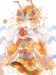  1girl android antennae blue_eyes eating female food gloves helmet holding_food honey_woman insect_wings open_mouth paterned_background rockman rockman_(classic) solo uu white_gloves wings 