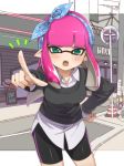  aqua_eyes bangs bike_shorts blunt_bangs blush cardigan collared_shirt commentary domino_mask fangs hair_ornament hand_on_hip inkling leaning_forward long_hair long_sleeves mask open_mouth outdoors pink_hair pointing pointing_at_viewer pointy_ears road shirt sidelocks solo splatoon_(series) street takeko_spla tears tsundere 