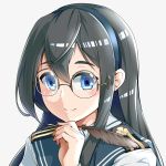  alternate_eyewear black_hair blue_eyes blush collared_shirt epaulettes eyebrows_visible_through_hair glasses hairband hand_on_own_chin kantai_collection looking_at_viewer ooyodo_(kantai_collection) pen quill roah shirt smile solo white_background 