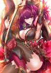  absurdres arm_up armpits bangs beads black_legwear blush breasts cleavage commentary_request cosplay detached_sleeves earrings fate/grand_order fate_(series) hair_between_eyes hair_ornament highres holding holding_sword holding_weapon japanese_clothes jewelry katana kimono knee_up large_breasts leaf_print long_hair looking_at_viewer magatama maple_leaf_print miyamoto_musashi_(fate/grand_order) miyamoto_musashi_(fate/grand_order)_(cosplay) nez-kun obi purple_hair red_eyes red_footwear sash scathach_(fate)_(all) scathach_(fate/grand_order) sheath short_kimono signature smile solo sword thighhighs thighs tied_hair weapon 