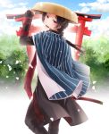  ajirogasa brown_hair cape earrings hat izumi_kikaku jewelry kashuu_kiyomitsu katana looking_back male_focus mole mole_under_mouth open_mouth petals ponytail red_eyes scarf sheath sheathed smile solo sword torii touken_ranbu weapon 