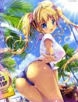  :d absurdres artist_name ass bikini_top blonde_hair blue_eyes blue_shorts blue_sky blush bracelet breasts brown_hat bush day dengeki_moeou denim denim_shorts eyebrows_visible_through_hair flower food_themed_hair_ornament hair_flower hair_ornament hat highres holding jewelry large_breasts looking_at_viewer magazine_scan mikeou open_mouth original outdoors outstretched_hand palm_tree partially_visible_vulva pineapple_hair_ornament pink_bikini_top pink_flower scan see-through shiny shiny_skin shirt short_shorts shorts signpost sky smile solo_focus star star_hair_ornament sunlight tan tied_shirt tongue tree twintails wet wet_clothes wet_shirt white_flower white_shirt 