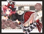  black_border border bow checkerboard_cookie checkered checkered_hat circle_name commentary_request cookie cup elbow_gloves fingerless_gloves flower food fork frilled_skirt frills garter_straps gloves happy_birthday hat hat_bow key looking_at_viewer love_live! love_live!_school_idol_project nishikino_maki outside_border plaid plaid_skirt purple_eyes red_flower red_hair red_rose rose sakurai_makoto_(custom_size) shirt shoes skirt solo spoon striped striped_legwear tag teacup thighhighs 
