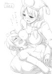  1girl blush breast_rest breasts breasts_on_head cleavage commentary_request final_fantasy final_fantasy_tactics greyscale large_breasts long_hair monochrome orator_(fft) ramza_beoulve sweat takomeshi translation_request 
