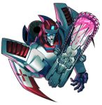  autobot blood chainsaw energon glowing glowing_eyes grin highres jpeg_artifacts mecha no_humans pharma pirate_cashoo robot science_fiction smile solo transformers 