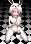  animal_hood ariverkao bodysuit breasts bunny_hood cleavage collar dated from_above gloves hood large_breasts lips looking_at_viewer original paw_gloves paw_shoes paws purple_hair shoes short_hair signature silver_eyes sitting smile solo teeth wariza zipper zipper_pull_tab 