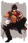  abs armband belt blood brown_eyes brown_hair chain dungeon_and_fighter f_jun headband highres looking_at_viewer male_brawler_(dungeon_and_fighter) male_fighter_(dungeon_and_fighter) male_focus muscle navel nosebleed parted_lips red_shirt scar shirt shirt_lift sitting solo spiked_hair torn_clothes vest 