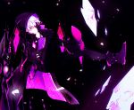  absurdres add_(elsword) black_hair black_sclera bodysuit boots elsword erun-cbal- floating gloves grace_(elsword) hand_on_own_face highres hooded_coat mad_paradox_(elsword) purple_eyes shaded_face shatter short_hair white_hair 