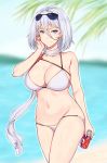  alternate_costume artist_name azur_lane band-width beach bikini blue_eyes blurry blurry_background breasts cleavage closed_mouth cola collarbone cross cross_earrings day earrings eyebrows_visible_through_hair eyewear_on_head hair_between_eyes highres holding jewelry large_breasts looking_at_viewer nail_polish navel outdoors pink_nails scarf short_hair signature silver_hair sky solo standing sunglasses swimsuit tirpitz_(azur_lane) water white_bikini white_scarf 